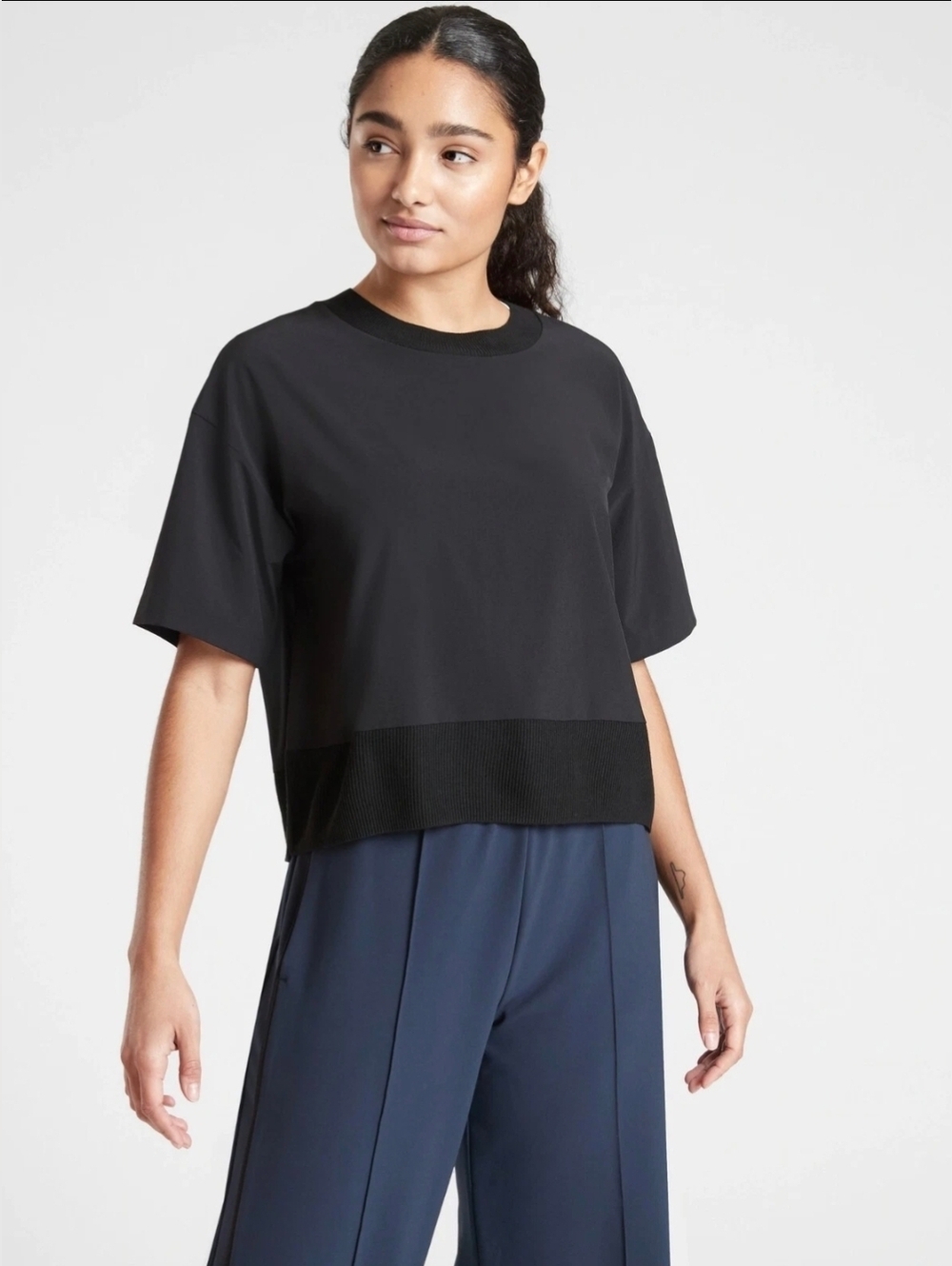 Athleta Black Boxy Short-Sleeve Sweatshirt
